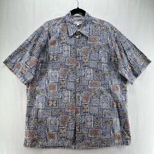 Pierre Cardin Shirt Mens Sz L Tropical Camp Geometric Button Down Cotton Blue